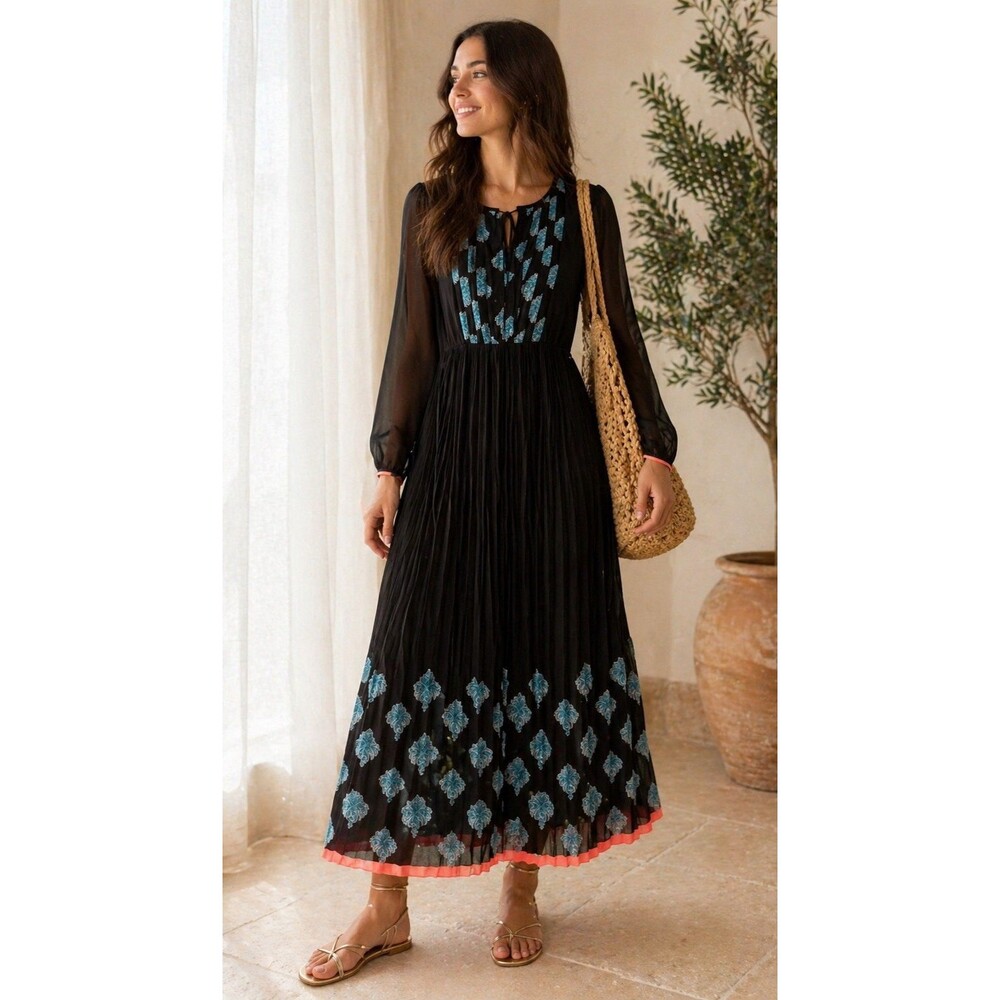 Hoss Intropia Black Pleated Midi Dress Blue Paisley Print Sheer Sleeve Size 38
